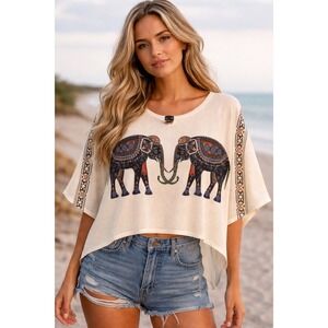 Step in Style Embellished Elephants Poncho Women's Large Natural & Muted Colors
